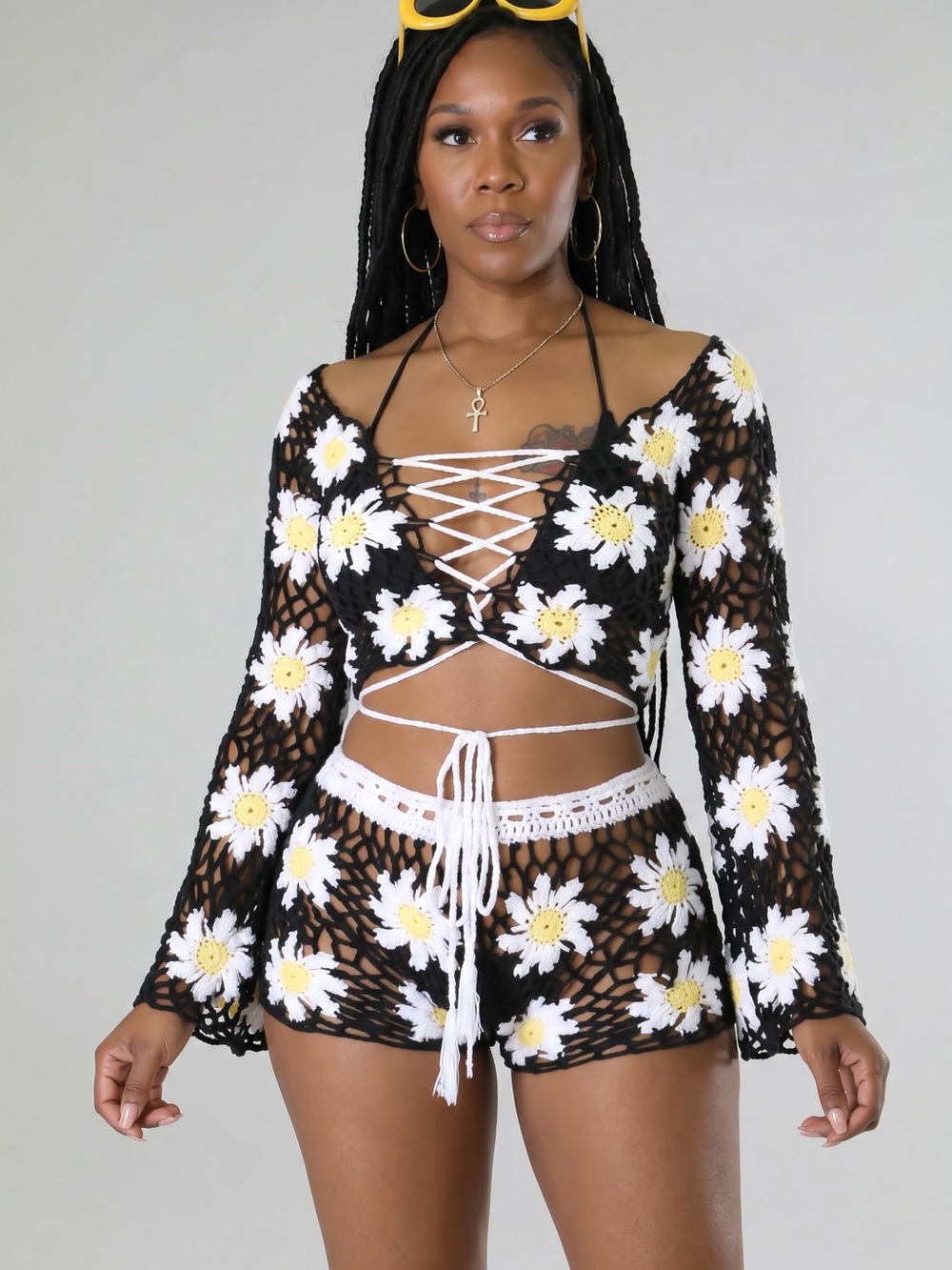 Daisy Crochet 2 Piece Set Boho Festival Beach Cover Up